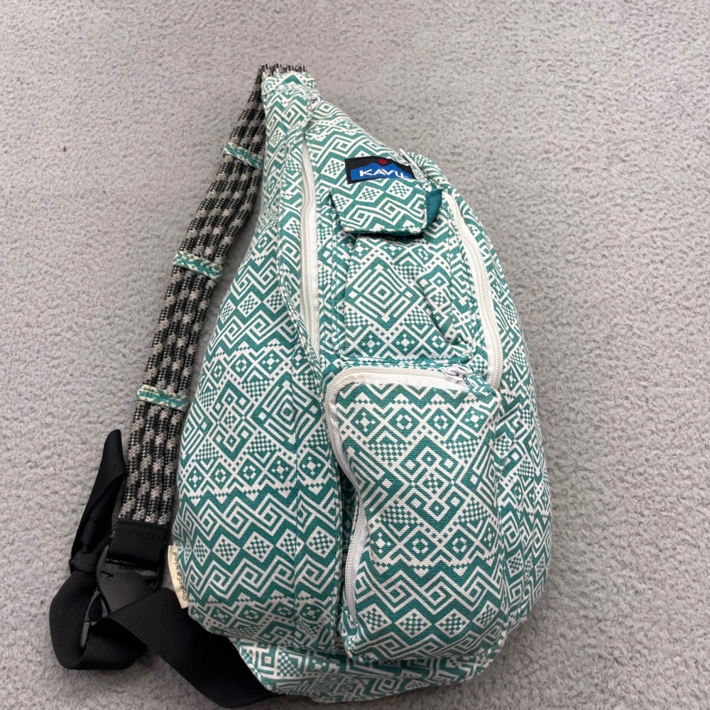 KAVU Rope Bag Crossbody Teal White Geometric Canvas Sling Backpack Travel Bag